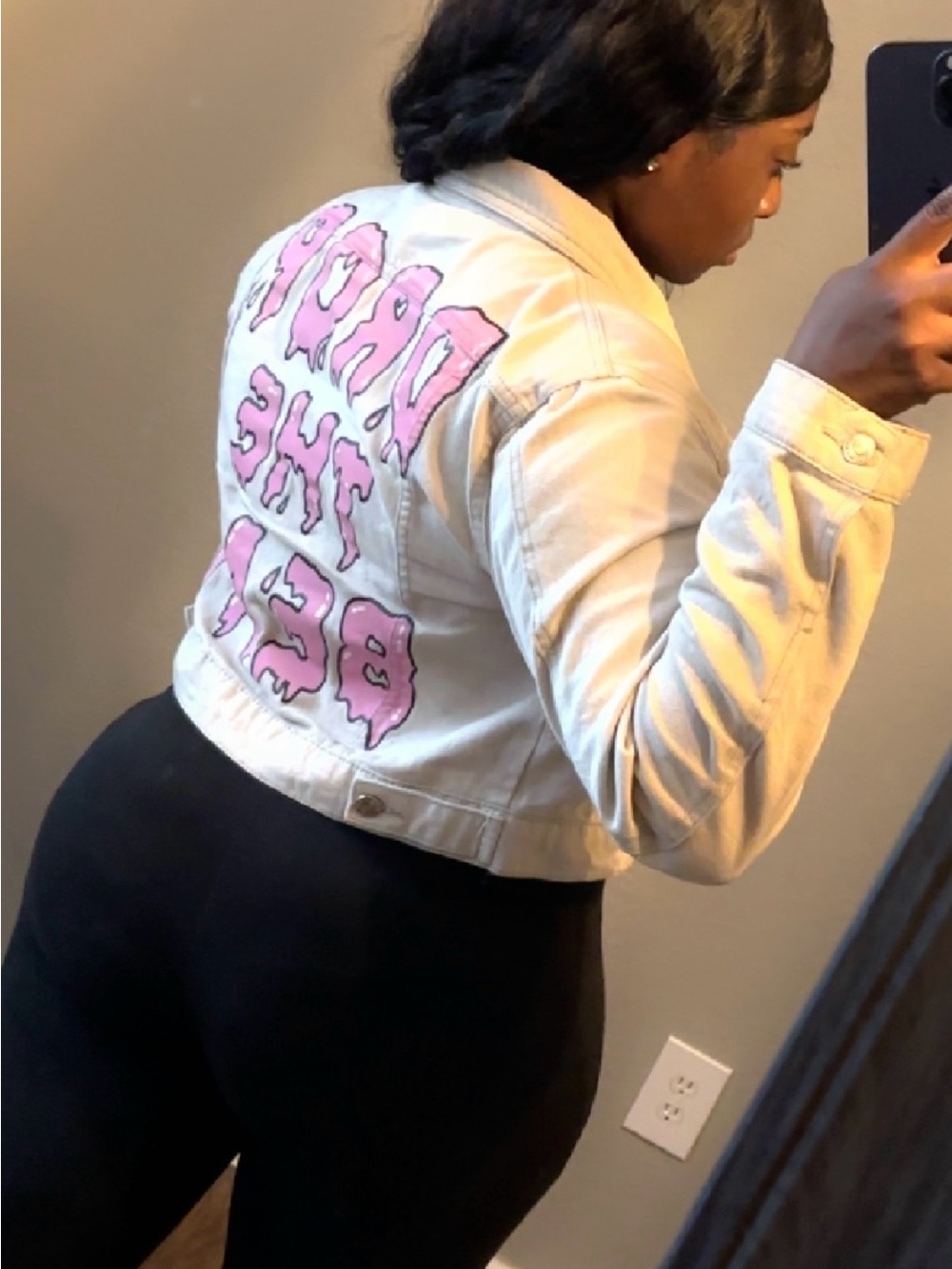 Cropped Cream Denim Jacket with Pink Graphic Back